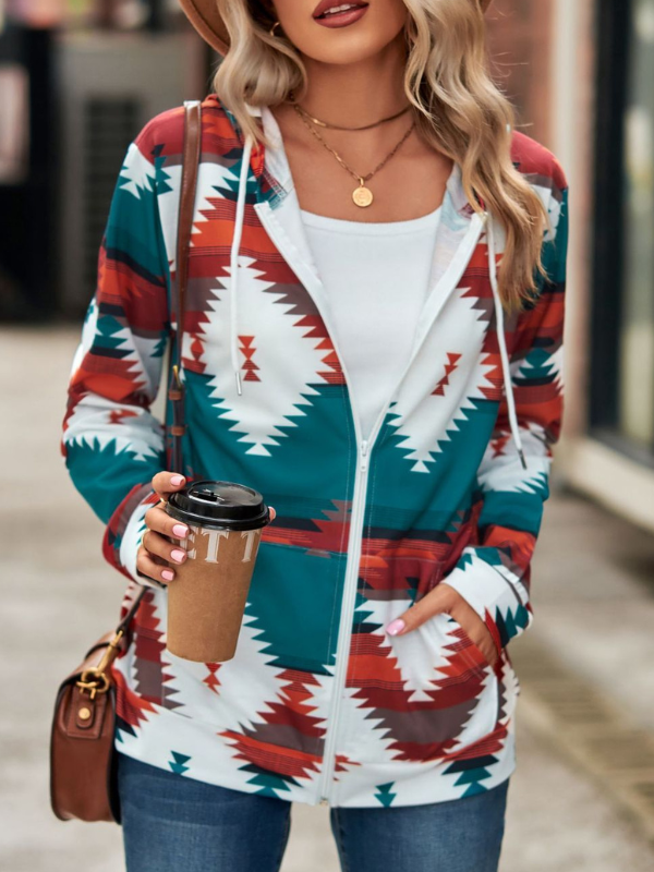 Women's Cardigan Western Style Aztec Tribal Pattern Hoodie Long Sleeve Lightweight Zipped Up Cardigan