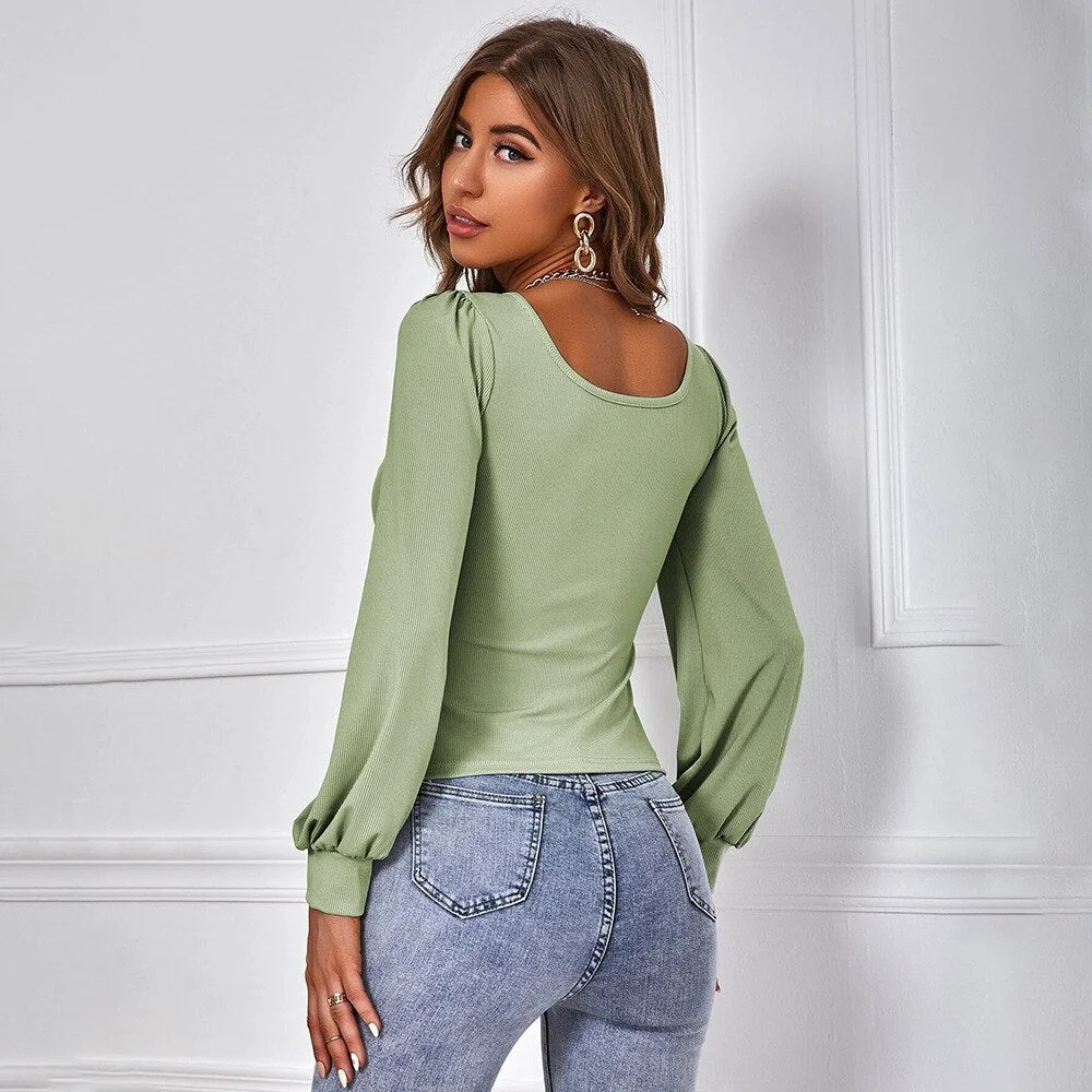 Graduation Dress Sonicelife Office Lady Solid Knitted T-shirt 2023 Autumn Avocado Green Casual T-shirt Square Neck Long Puff Sleeve Tops Fashion Office Wear