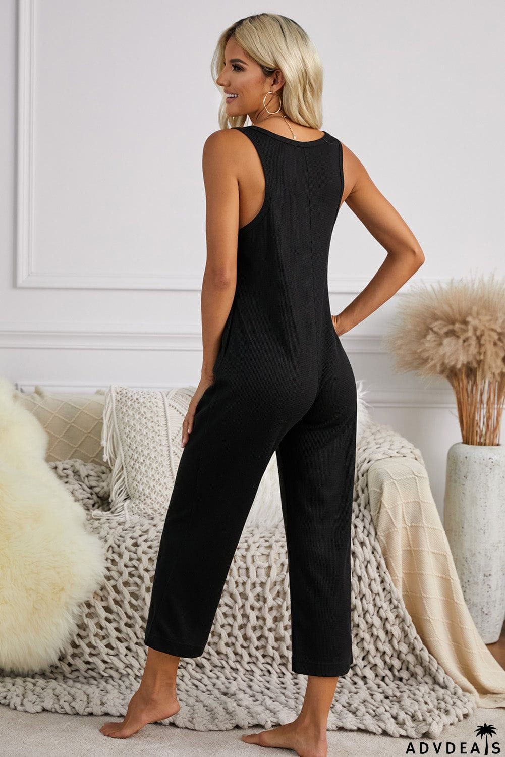 Women's Black Pocketed Thermal Sleeveless Jumpsuit