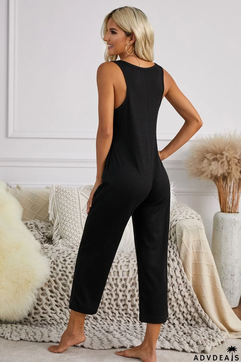 Women's Black Pocketed Thermal Sleeveless Jumpsuit