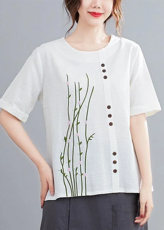 Casual White O-Neck Button Shirt Tops Summer Cotton Linen