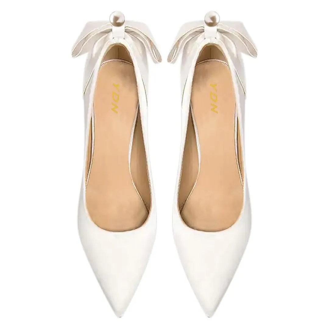 White Satin Pointed Toe Pearl Decor Bow Classy Wedding Heels
