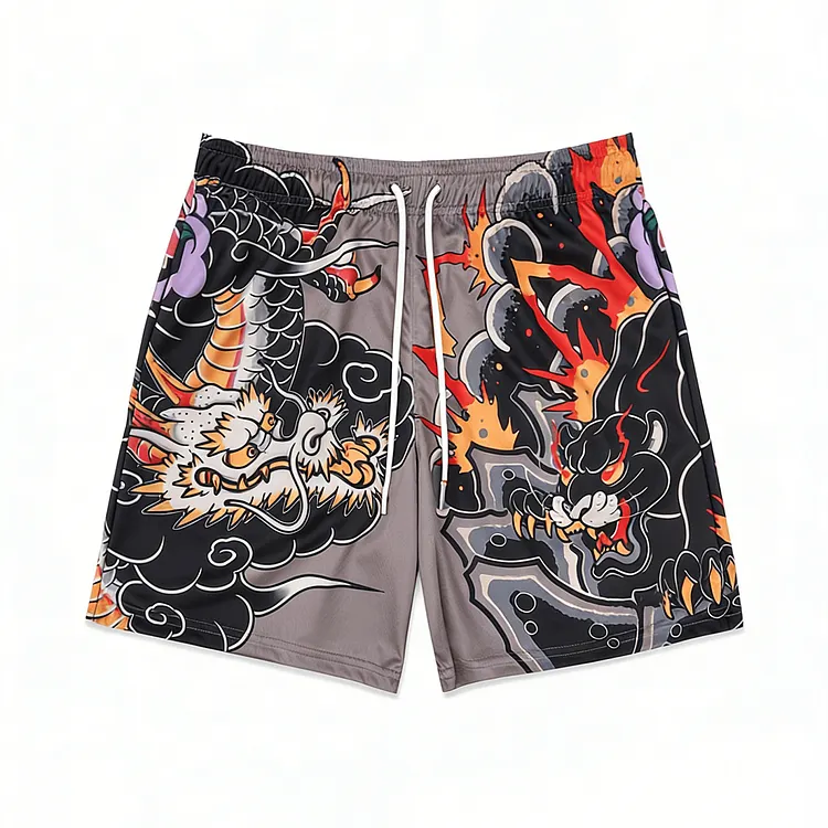 Men's Japanese Style Mesh Retro Pattern Drawstring Shorts