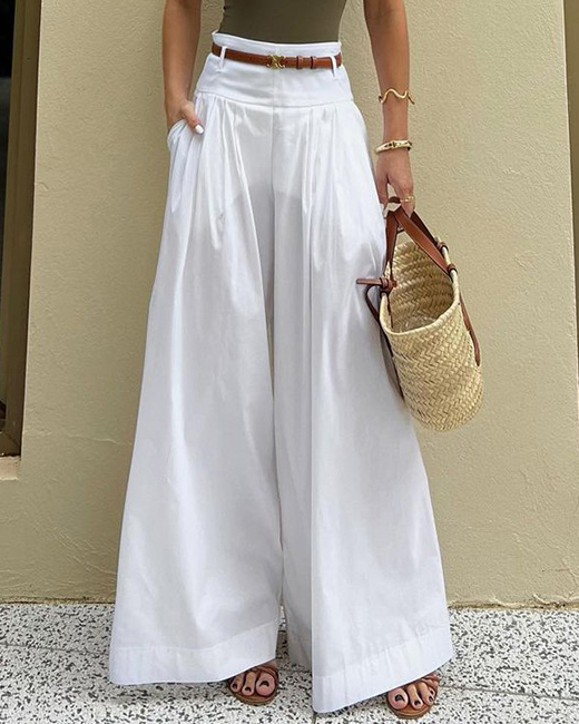 High Waist Solid Color Side Pockets Wide Leg Pants