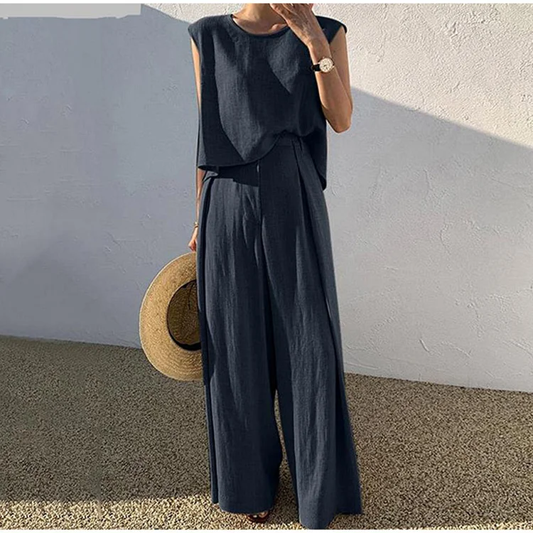 Casual Cotton Linen Sleeveless Top and Wide Leg Pants Suits