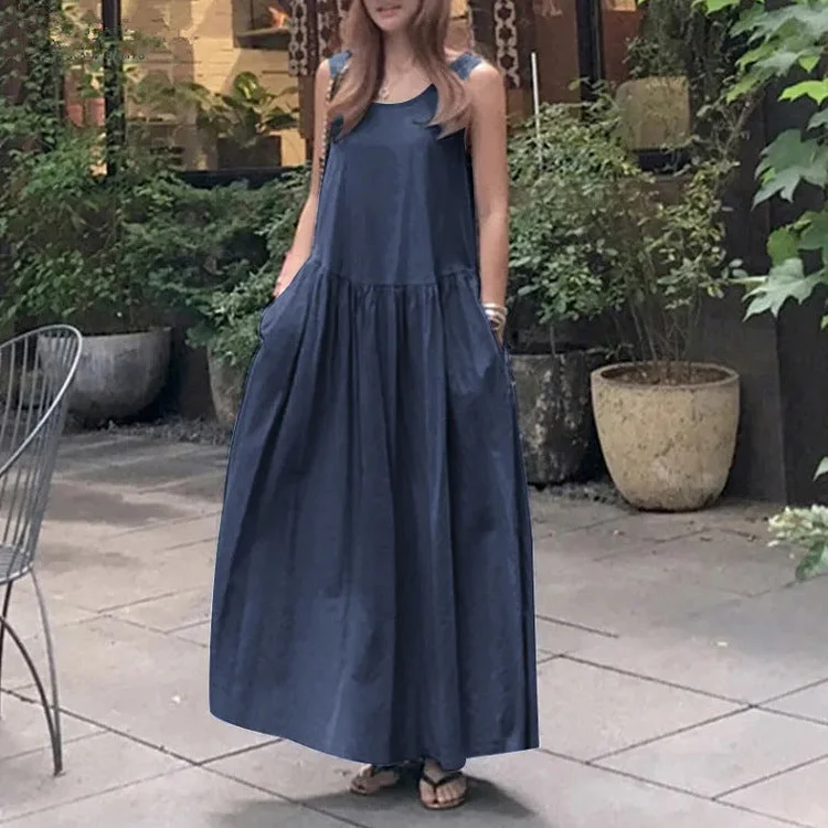 Round neck sleeveless large size loose solid color vest long swing dress