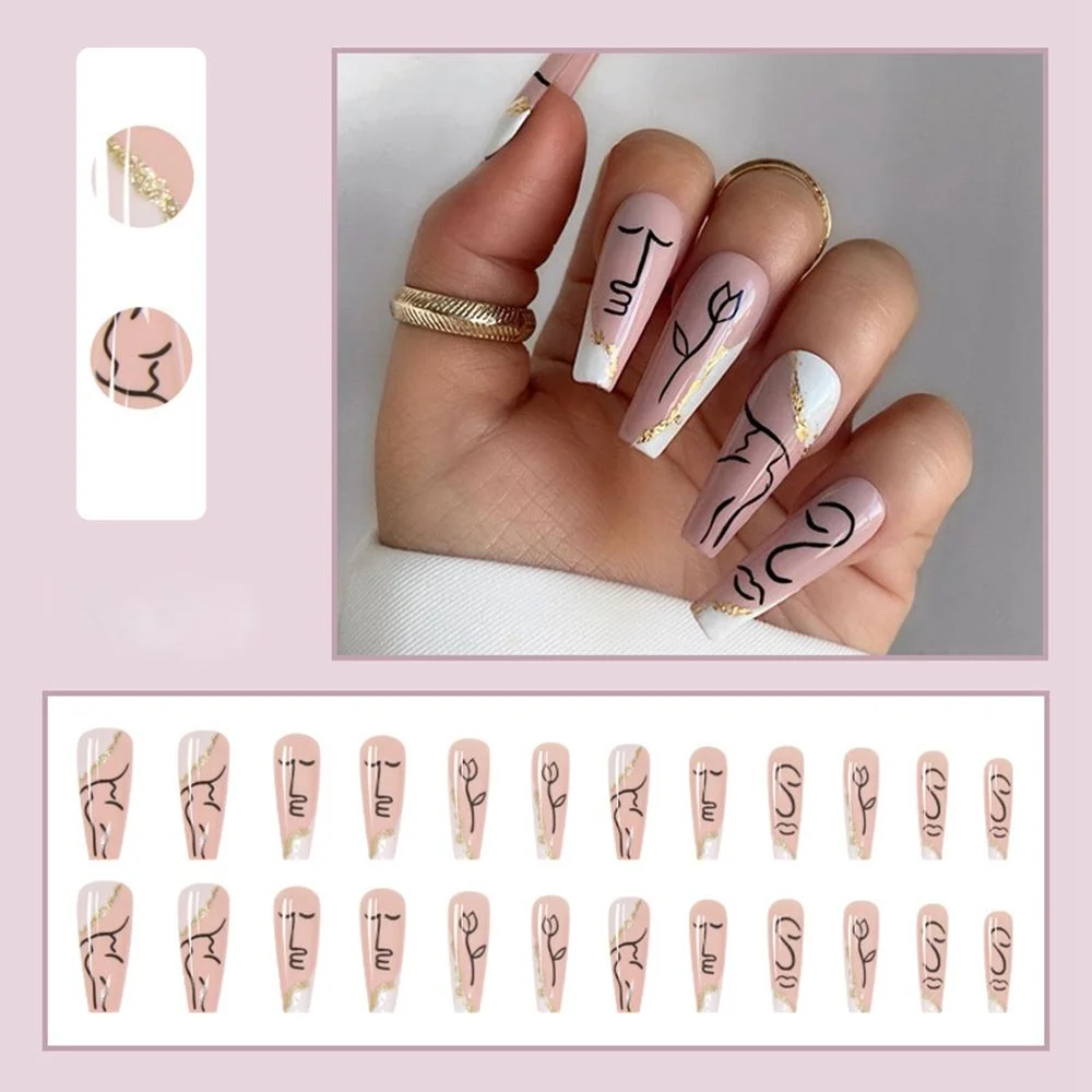 24Pcs Nude Face Flower Painting False Nails Wearable Long Coffin Ballerina False Nails Press On Nails Manicure Tool With Glue