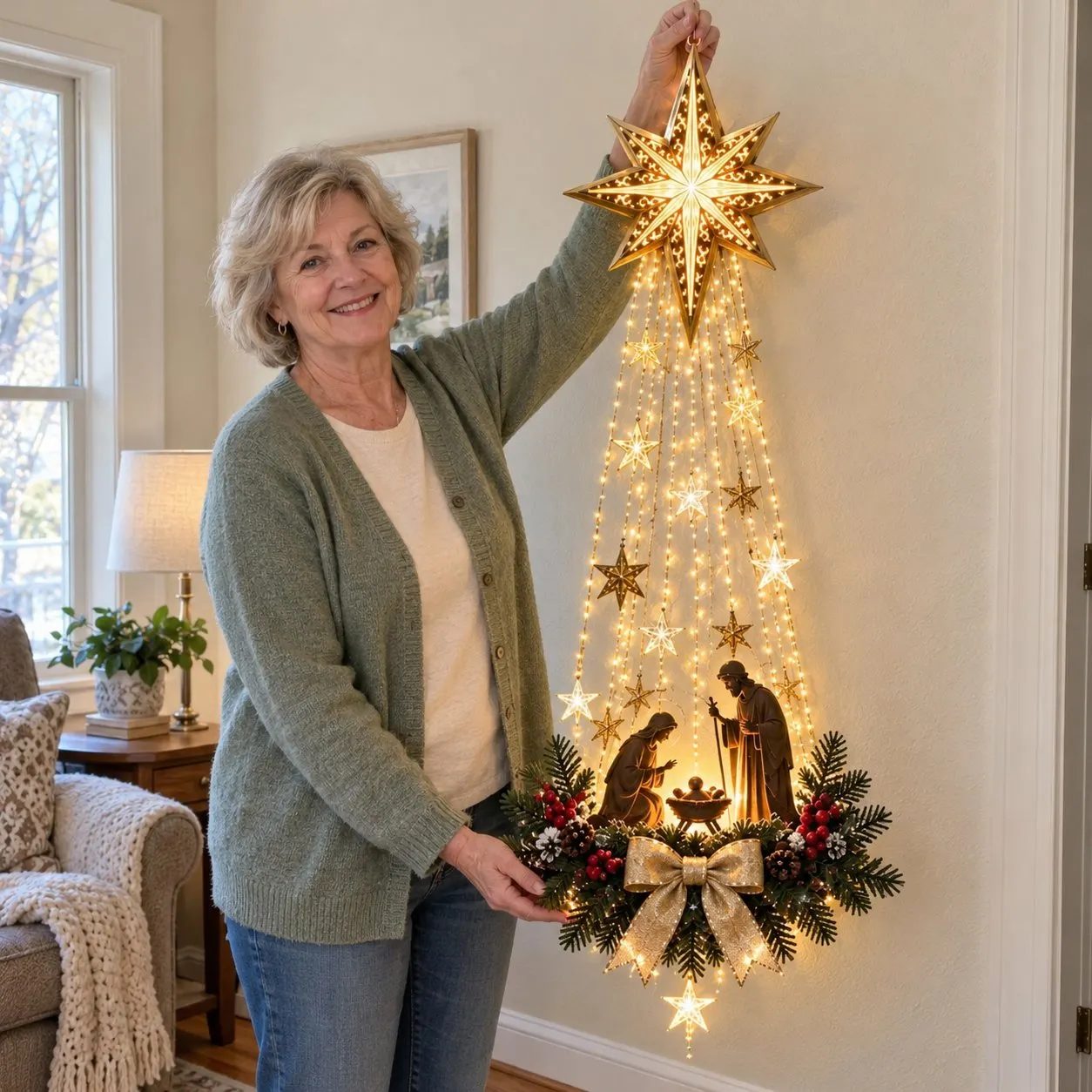 Illustrative scene of a woman holding the complete Bethlehem Star Nativity decoration in daylight Illustrative scene of a woman holding the complete Bethlehem Star Nativity decoration in daylight