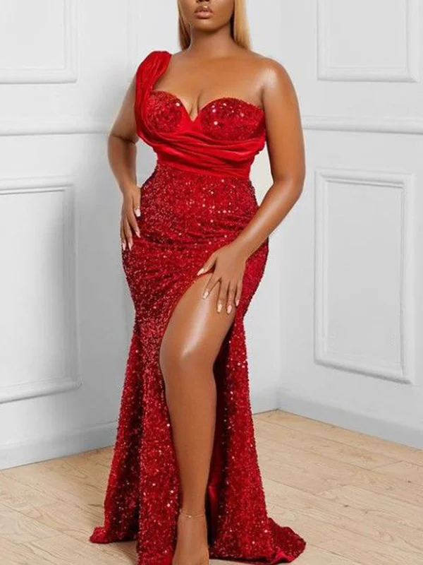 Sexy One-Shoulder Sequined Split-Side Empire Red Evening Maxi Dress