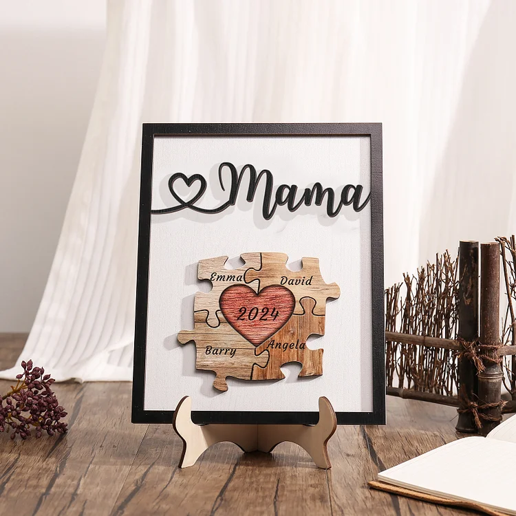 Kettenmachen Holz Deko-Personalisierbare 4 Namen & Jahr Ornament Mama Puzzle Holzdekoration für Mutter