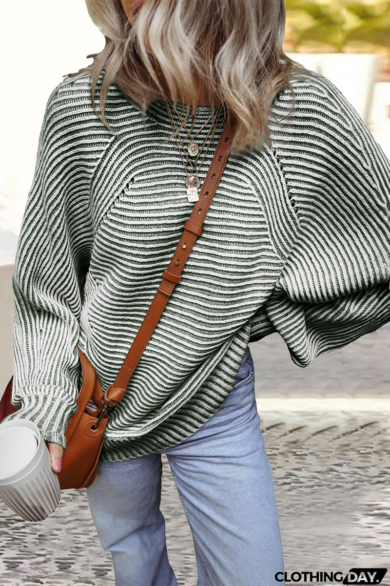 Casual Daily Stripe Texture Contrast O Neck Sweaters(6 Colors)