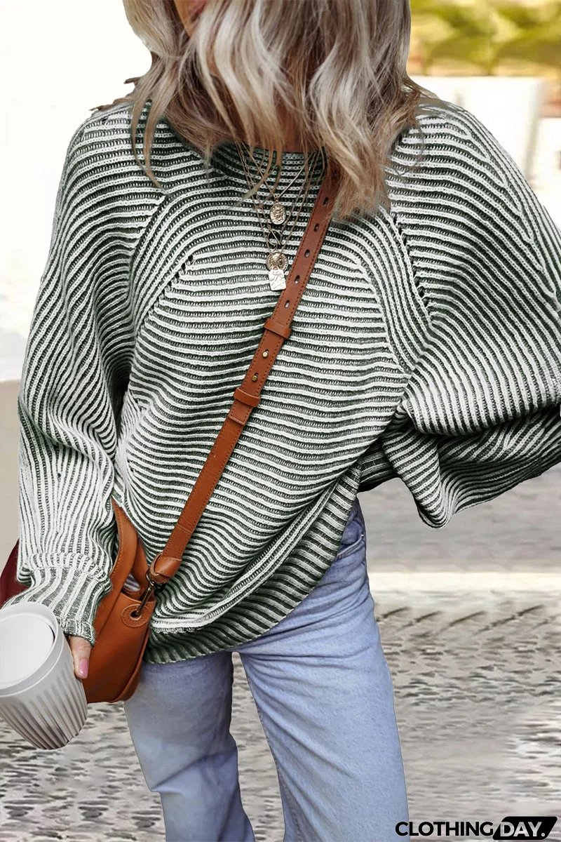 Casual Daily Stripe Texture Contrast O Neck Sweaters(6 Colors)