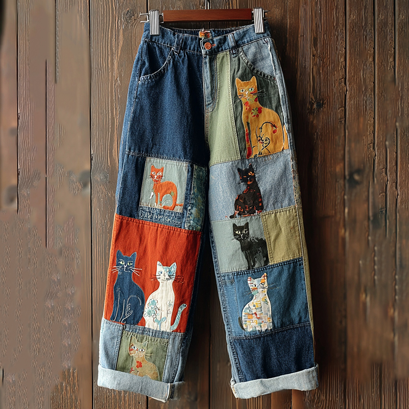 Vintage Patchwork Cute Cat Print Contrast Jeans