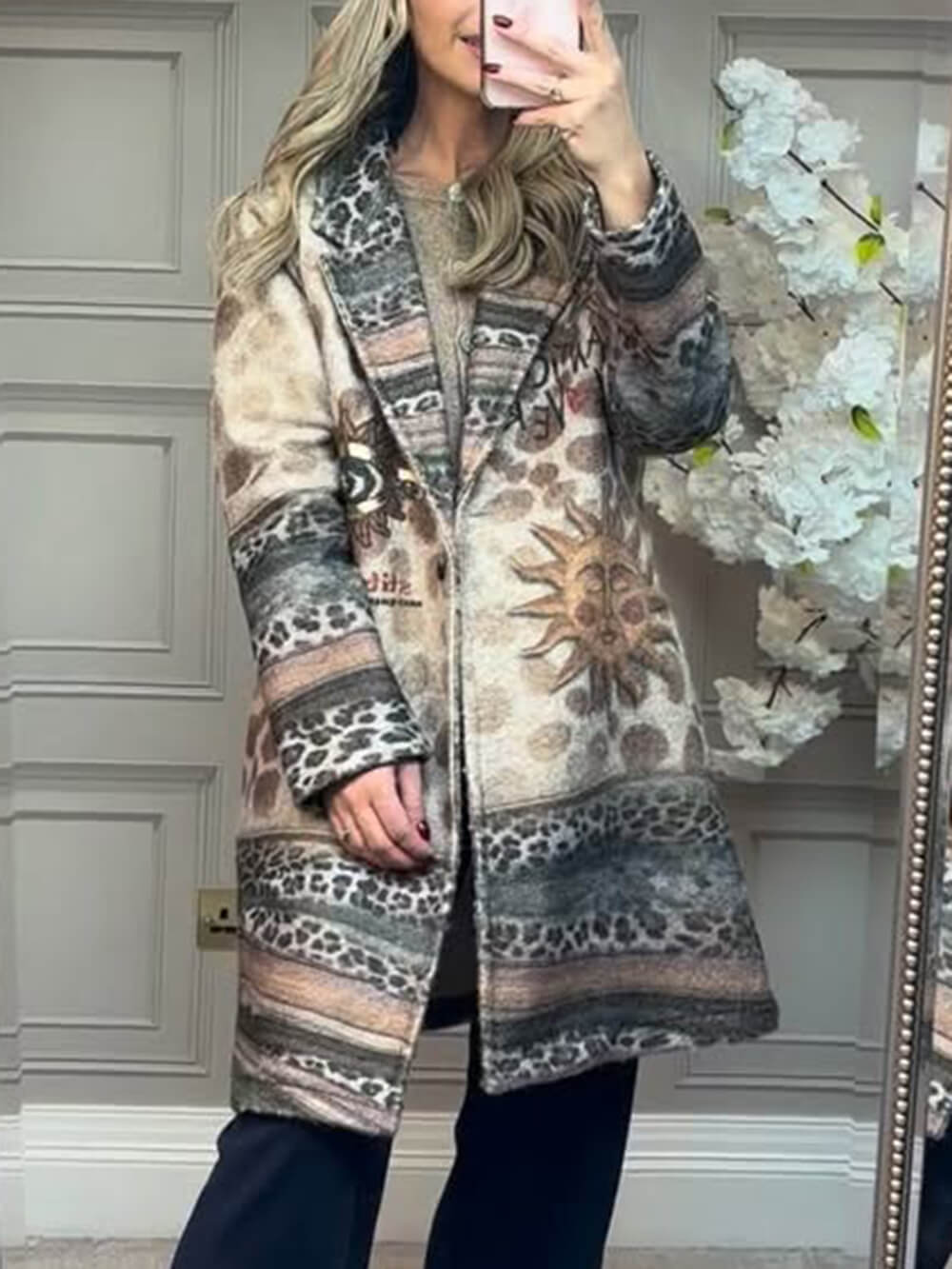 Exquisite Ethnic Print Pocket Loose Coat