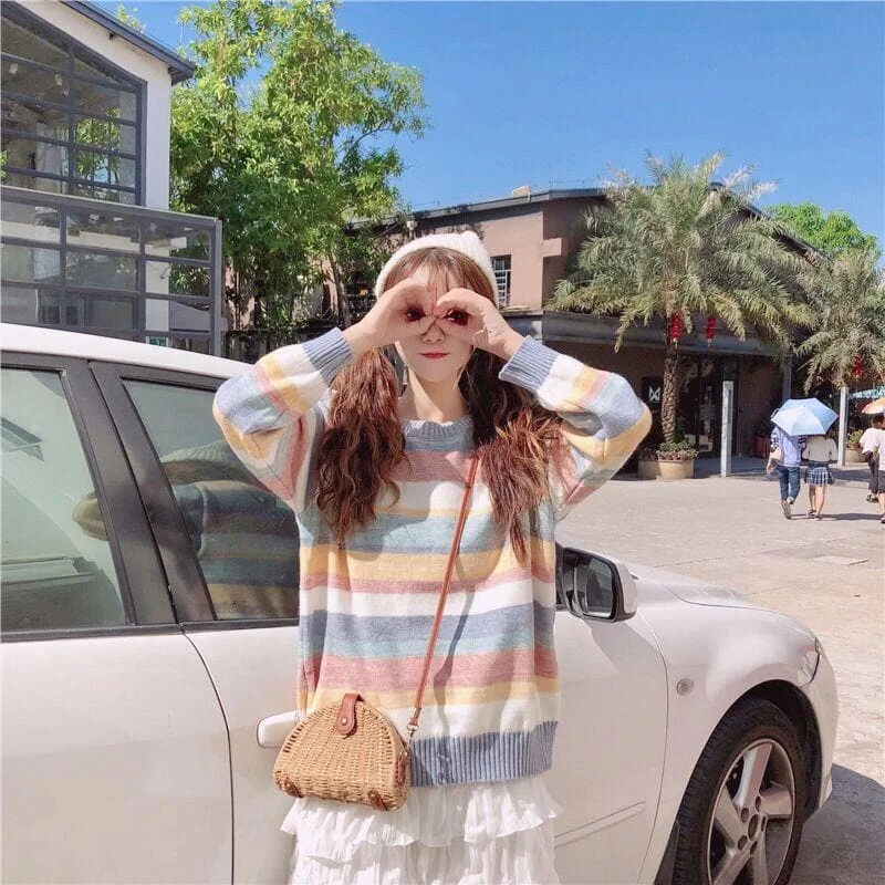 Sweet Rainbow Striped Knitted Sweater SS1094