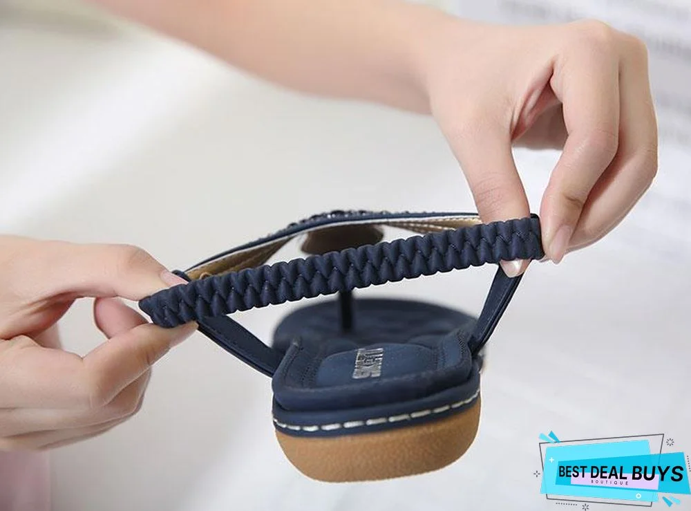 Women String Bead Flip Flop Metal Decoration Wedge Beach Sandals