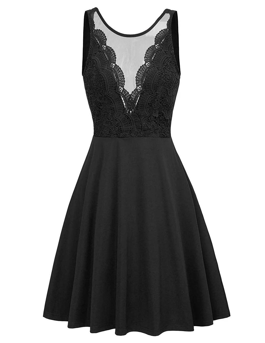 Women Sleeveless Lace Patchwork Open Back A Line Flare Party Dress
