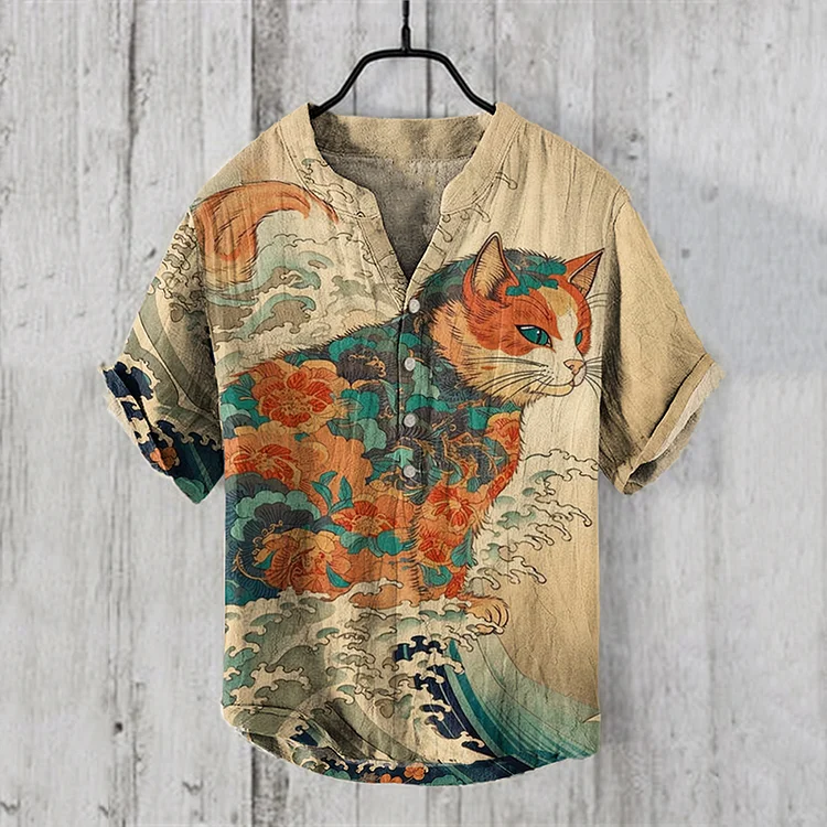 Comstylish Japanese Cat Art Print Henry Collar Shirt