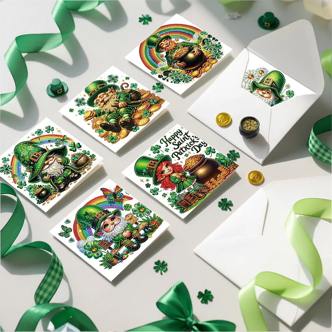 6Pcs St.Patrick Day Elves DIY Diamond Painting Greeting Card Set with Envelopes Diamond Art Handmade Cards for Beginner Adult Holiday Gifts