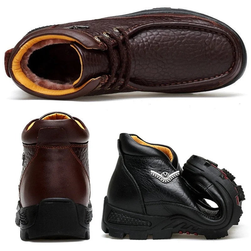Genuine Leather Mens Shoes Fur Ankle Boots Business Warm Winter Shoes Snow Mens Boot Lace Up Work Shoes Male Plush WalkerPeak