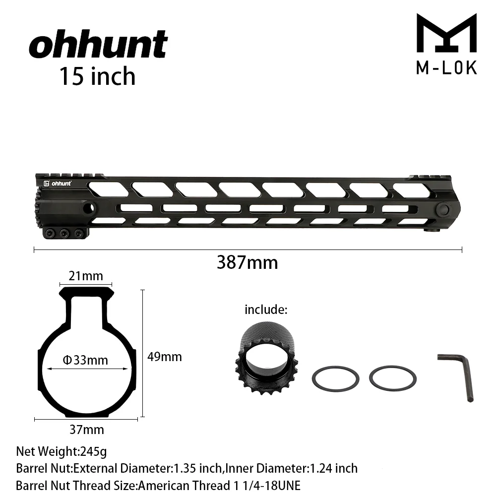 ohhunt Super Slim Lightweight Free Float M-LOK Handguard with Steel Barrel Nut