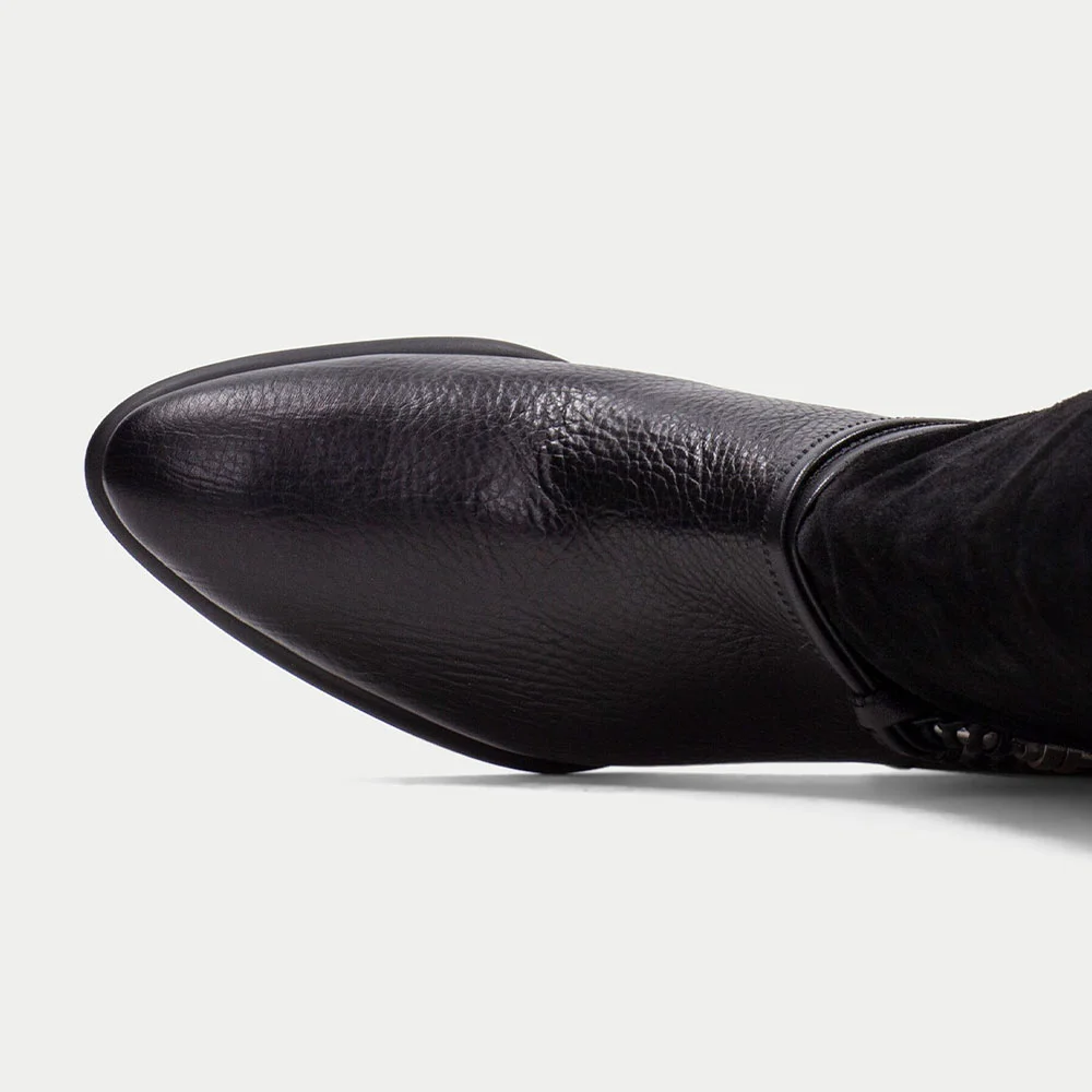 Closed Toe Block Heel Mid Calf Black Cowgirl Boots for Women