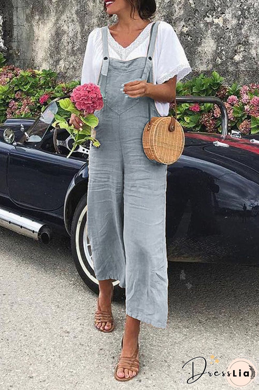 Fashion Casual Solid Split Joint Spaghetti Strap Loose Jumpsuits