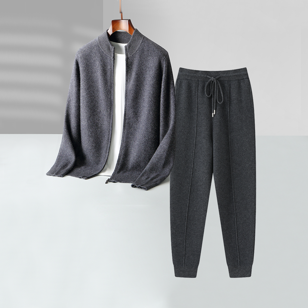 Men's Grey Zip-up Mock Neck Cashmere Sweater and Pants Set | Modern Minimalist REAL SILK LIFE
