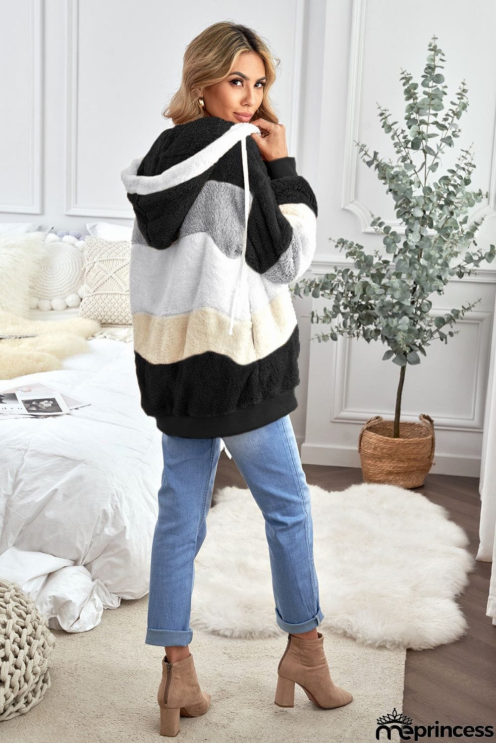 Colorblock Zip Up Sherpa Coat with Hooded