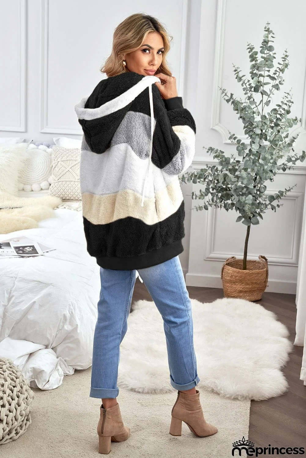 Colorblock Zip Up Sherpa Coat with Hooded