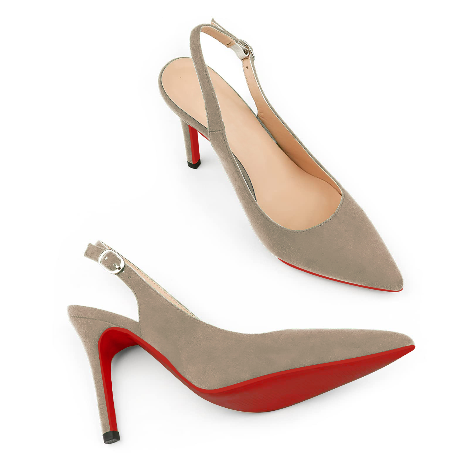 90mm Mid Heels for Women Slingback Pumps Sandals Pointed Toe Pumps Red Bottoms Suede Shoes-MERUMOTE