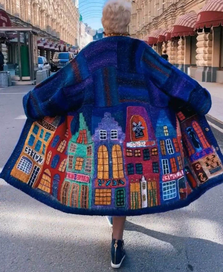 Autumn new style 2021 women's long-sleeved loose coat printed woolen coat