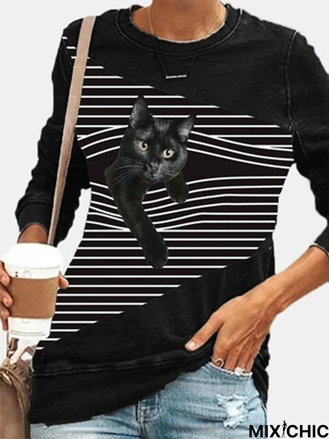 Black Cat Striped Patchwork Print Casual Sweatshirt