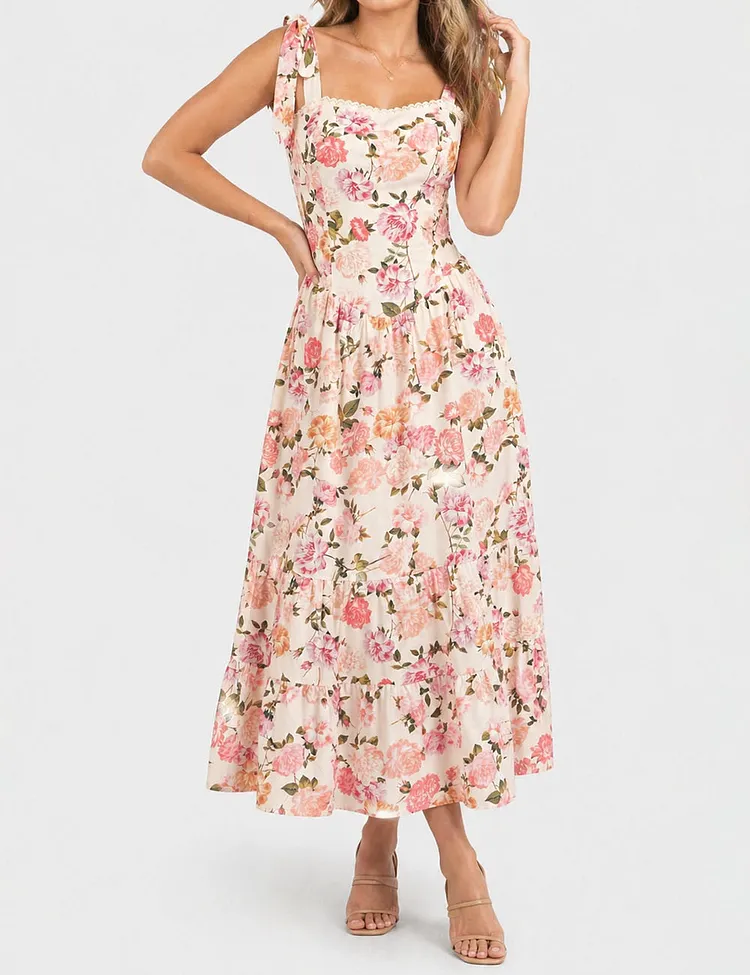 Ladies Floral Print Strap Shoulder Midi Dress