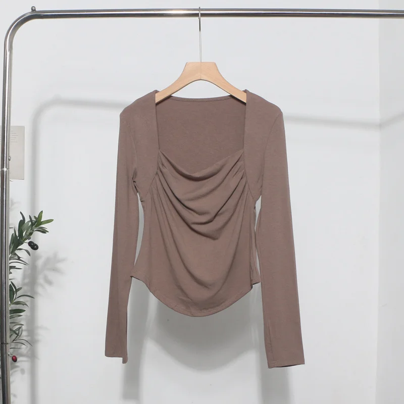 Brownm French Style Long-Sleeved T-Shirt Girl Autumn And Winter Collar Folded Folded Body Inside The Bottom Shirt Top 1665