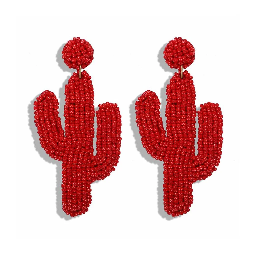 Dvacaman Cute Colorful Rhinestone Cactus Earrings for Women Boho Handmade Green Beaded Cactus Drop Dangle Earrings Jewelry Party