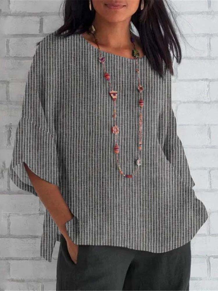 Comstylish Vintage Stripes Round Neck Casual Blouse