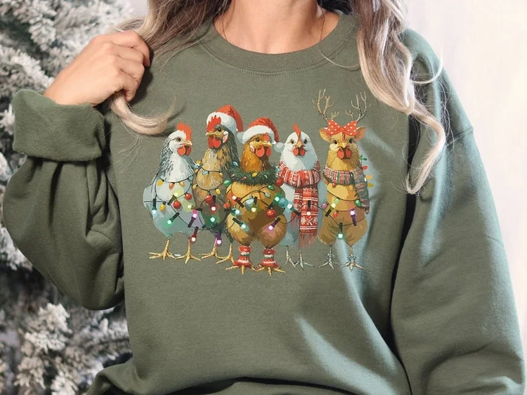 Сute Christmas Chickens Sweatshirt, Christmas Farm Animals Sweatshirt