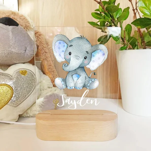 Personalized Baby Blue Elephant Night Light Custom Name LED Lamp Room Decor Baby Gift for Kids Boys