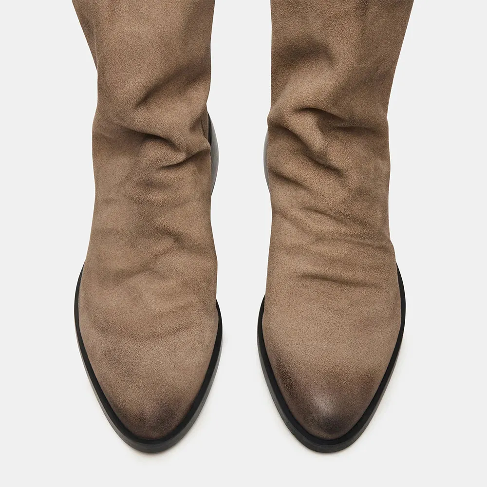 Taupe Vegan Suede Closed Toe Chunky Heel Back Zipper Booties for Women