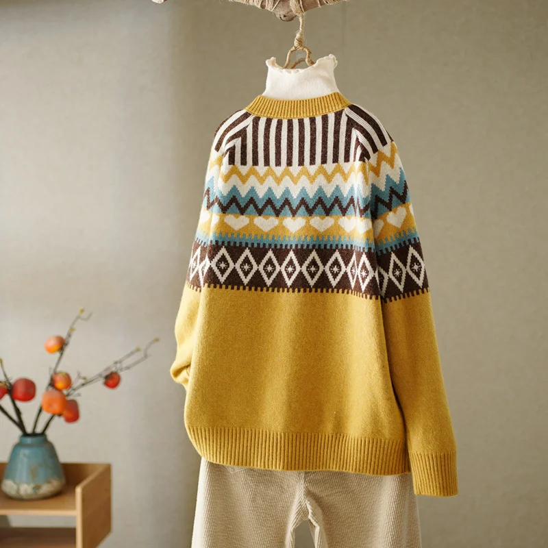 Vintage Geometric Jacquard Round Neck Button Sweater Cardigan