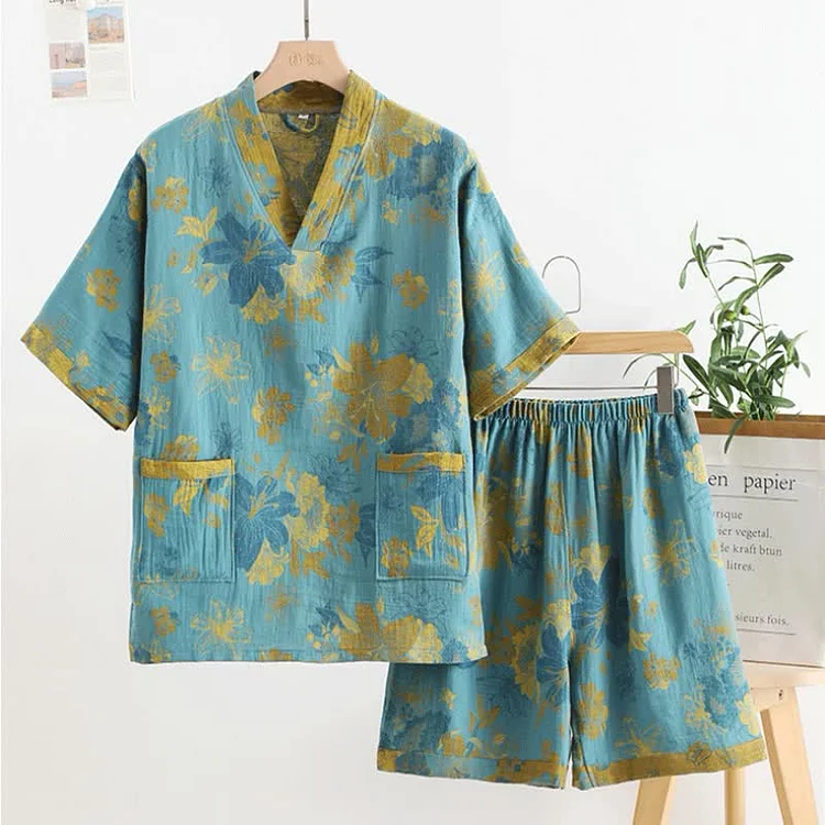 Cotton Gauze V-neck Short Sleeves Pajama Set Radinnoo.com