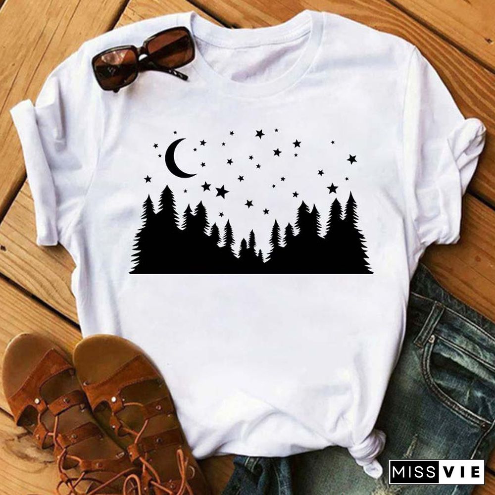 Maycaur Women Harajuku T Shirt New Moon Star Printed T Shirt O-Neck Summer Short Sleeve Tees Women Clothes Graphic T Shirts