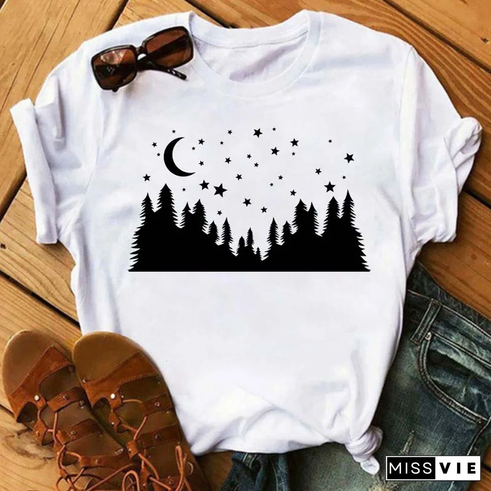 Maycaur Women Harajuku T Shirt New Moon Star Printed T Shirt O-Neck Summer Short Sleeve Tees Women Clothes Graphic T Shirts