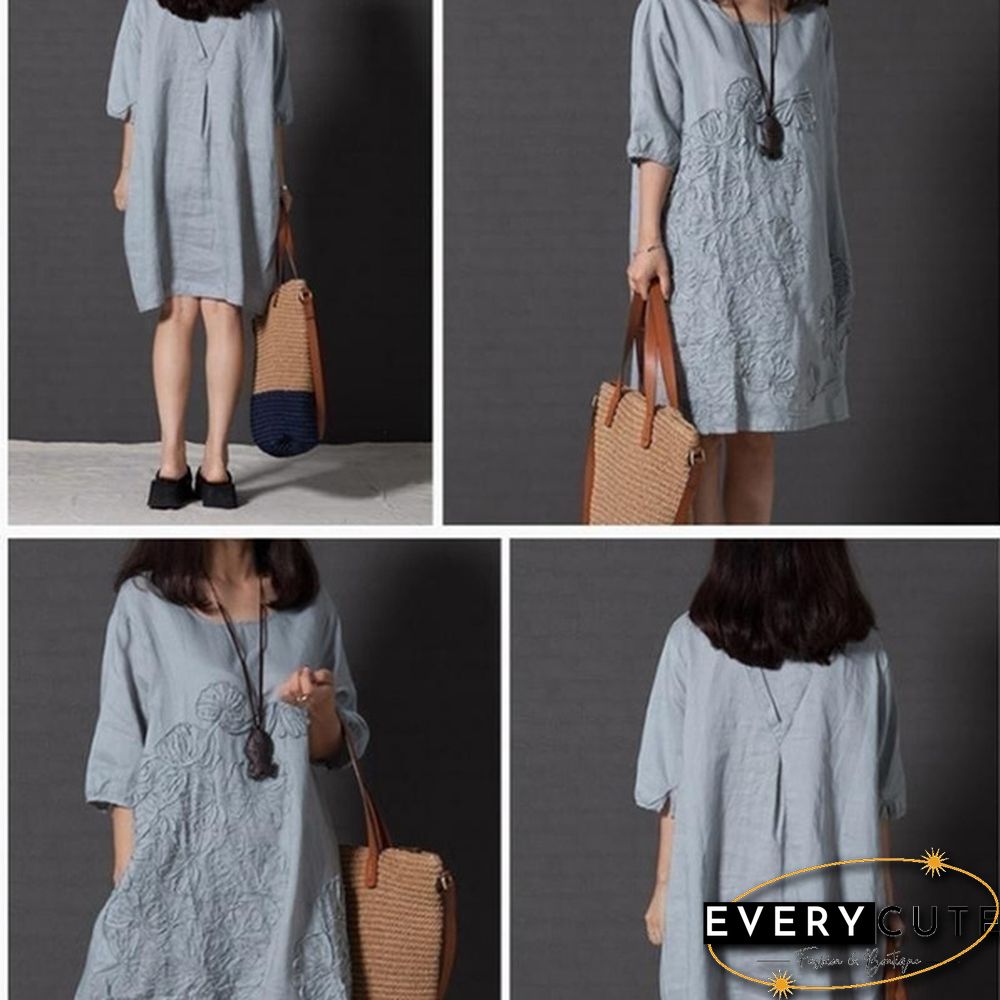 Women Fashion Summer Style T -shirt Loose Cotton Embroidered Casual Dress Plus Size Ladies Linen Dress