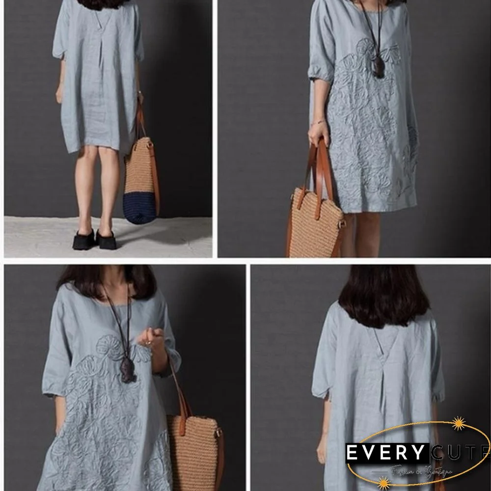 Women Fashion Summer Style T -shirt Loose Cotton Embroidered Casual Dress Plus Size Ladies Linen Dress