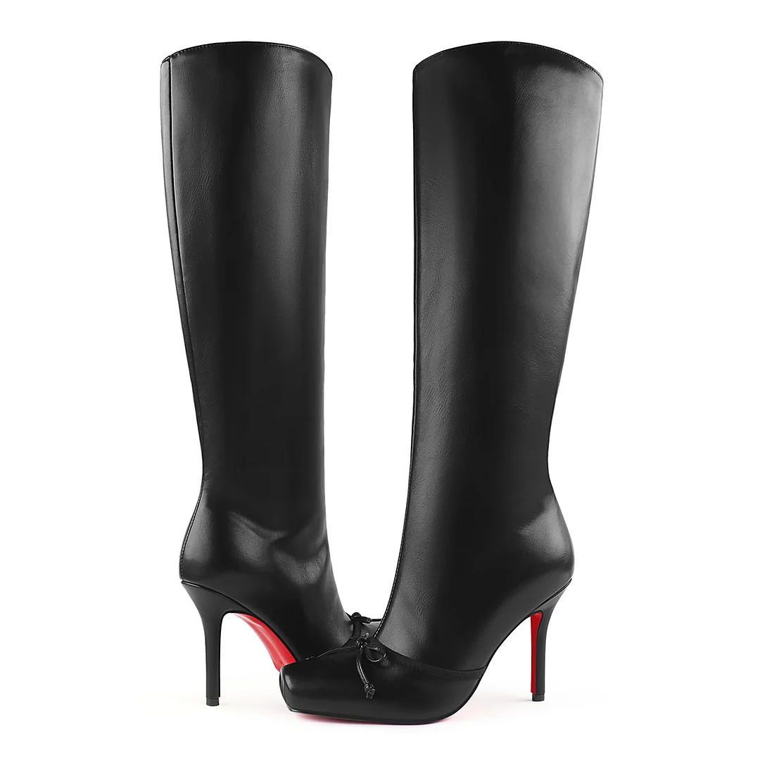 100mm Women's Knee Boots Red Bottom Matte Bowknot Knee Boots-MERUMOTE