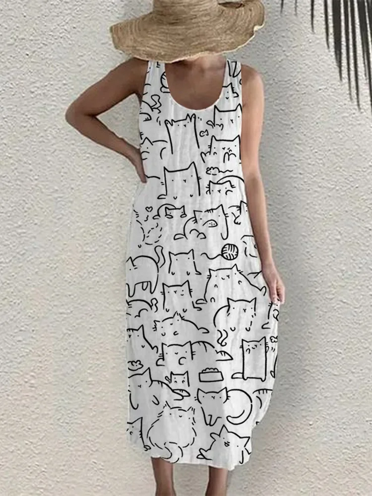 Funny Furry Cat Art Print Linen Blend Dress