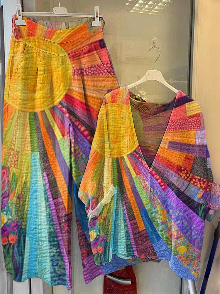 Women's Colorful Sun Collage Art Printed V-Neck Top Wide-Leg Pants Cotton Linen Suit