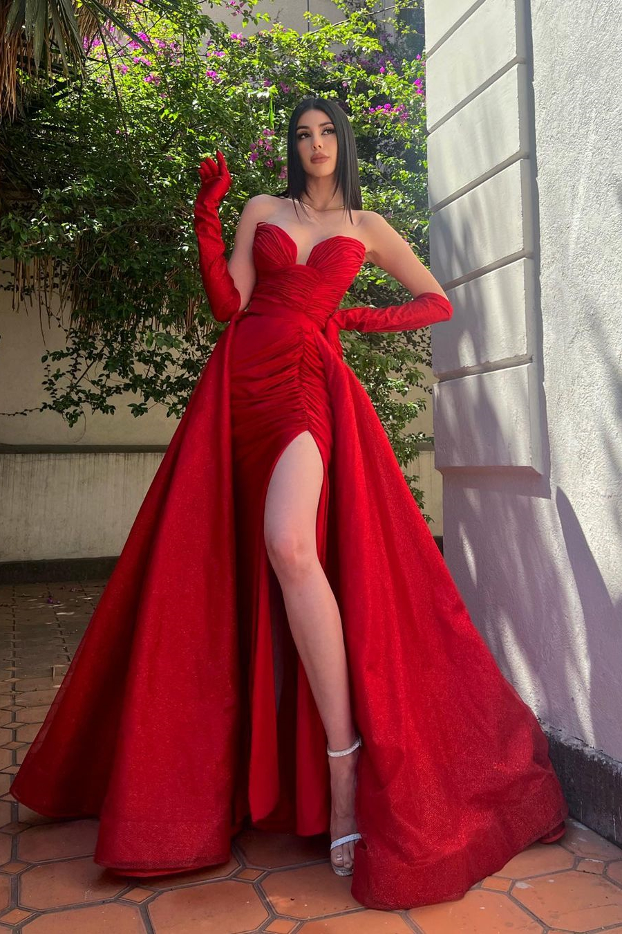 Dresseswow Red Sweetheart Sleeveless Mermaid Prom Dress Overskirt With Split